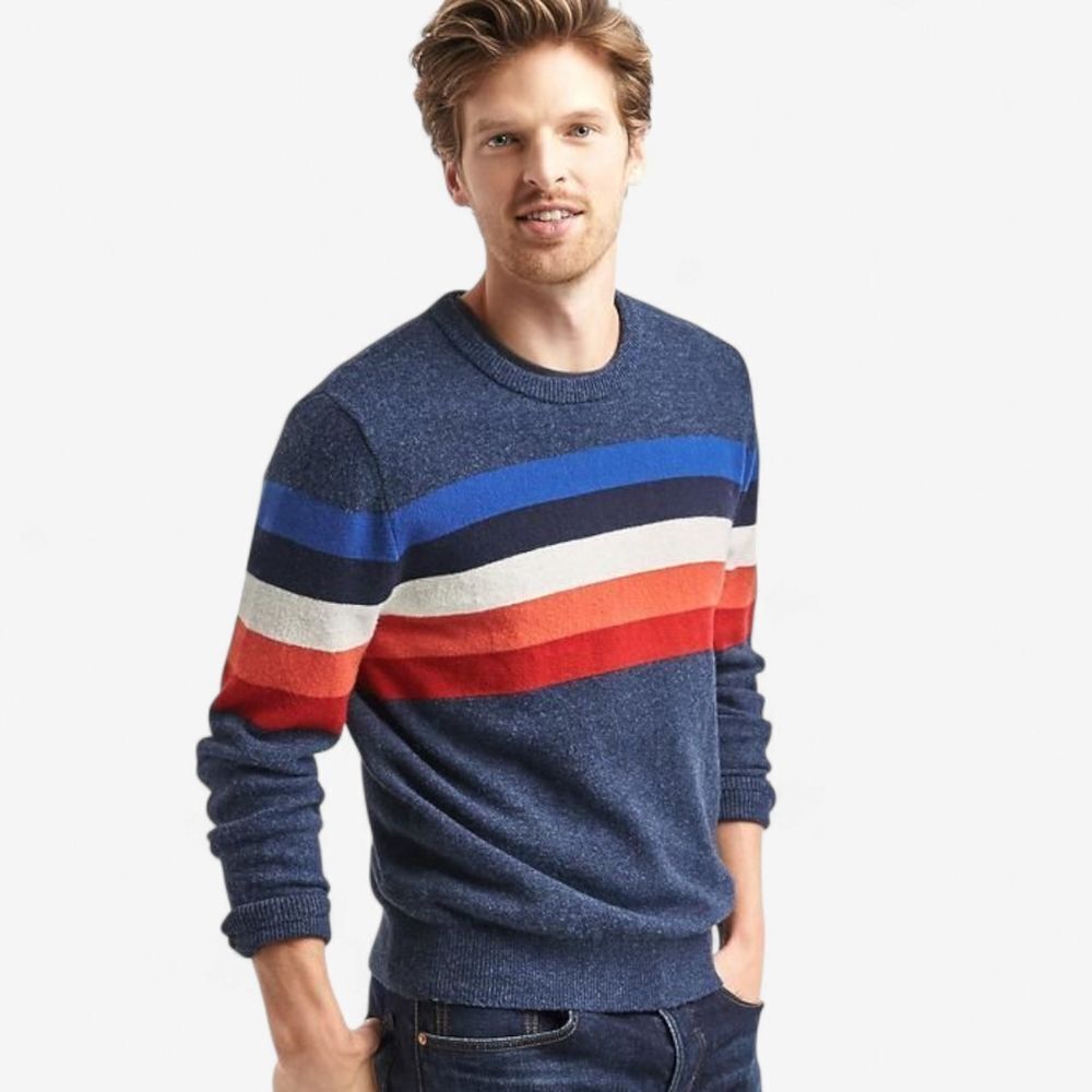 GAP Crazy Striped Rainbow Merino Wool Crew Neck Multicolor Pullover Sweater L